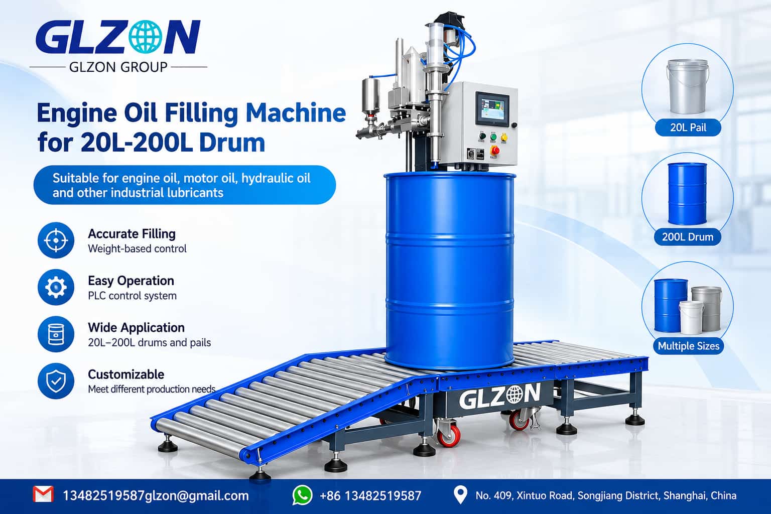 GLZON engine oil filling machine for 20L-200L drum packaging with blue oil drum, filling nozzle, control panel and roller conveyor