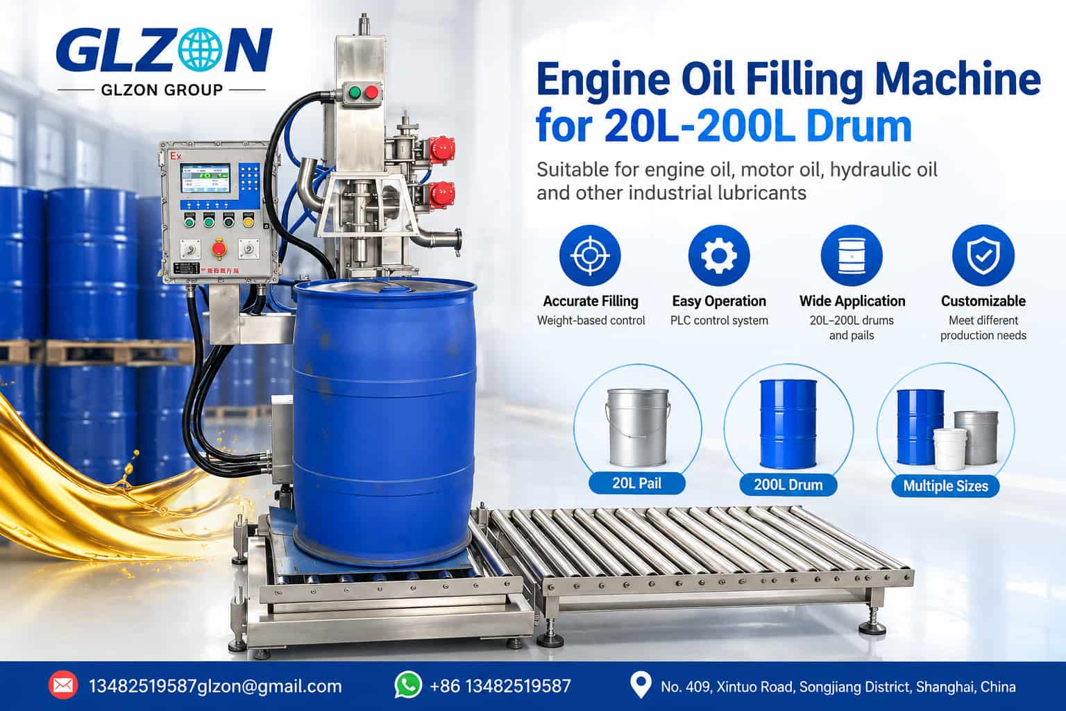 GLZON engine oil filling machine for 20L-200L drums featuring a blue oil drum, digital control panel and roller conveyor